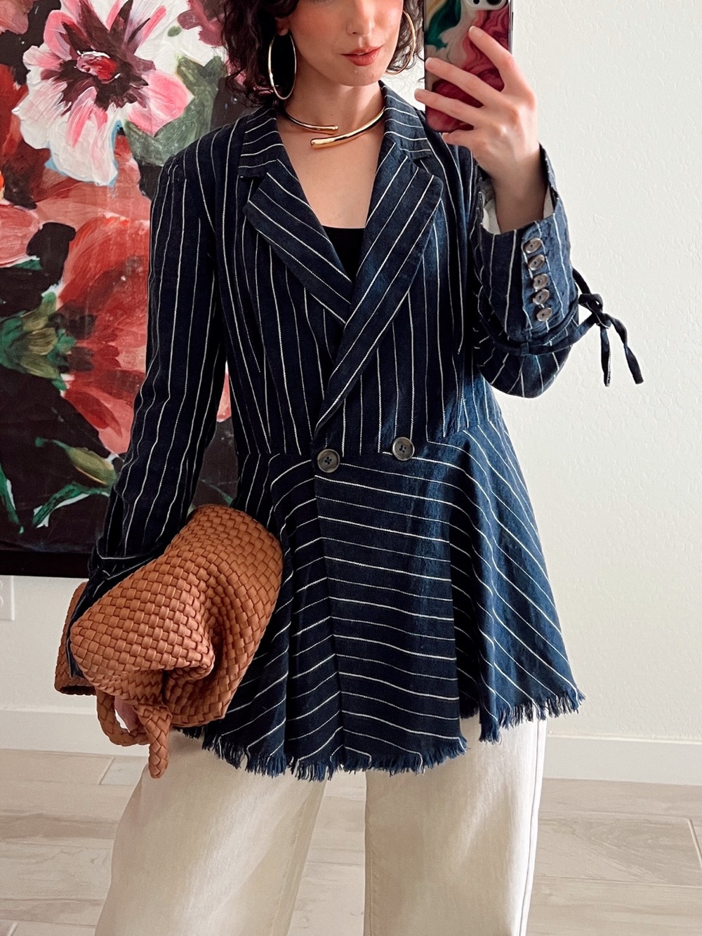 Free People Stella Pinstripe Frayed Hem Blazer Small